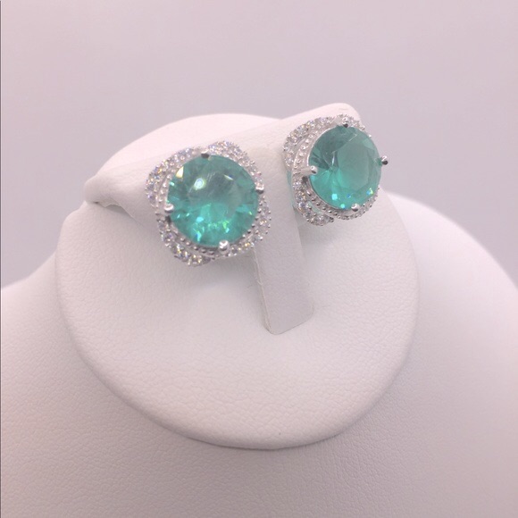 Cz And Simulated Paraiba Tourmaline Post Earrings